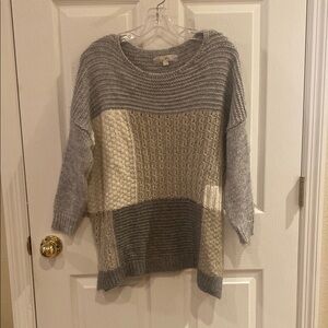 LOFT Gray and Cream Crew Neck Sweaters with Textured Knit